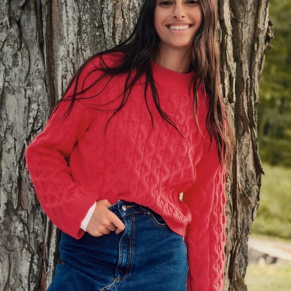NWT Anthropologie Pink 4SI3NNA Long Sleeve Cropped Cable Sweater Small - Picture 1 of 5